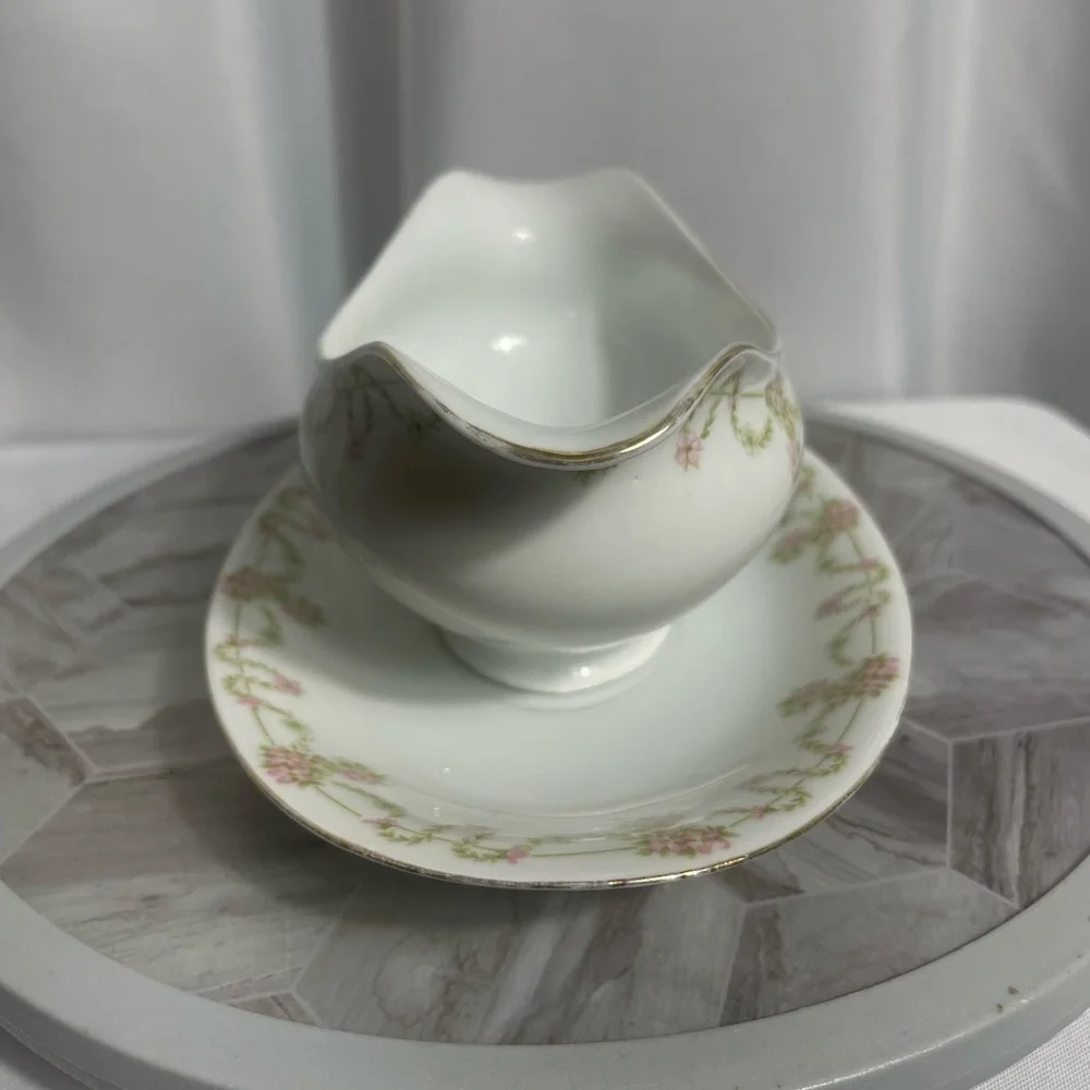 Bavaria Elegant White Delicate Pink Floral Green Garland Gravy Boat with Saucer